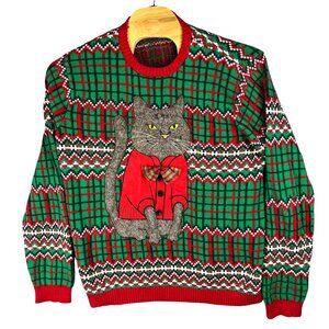 33Degrees Christmas Sweater Cardigan XXL Cat Kitty Ugly Plaid 3D Bow